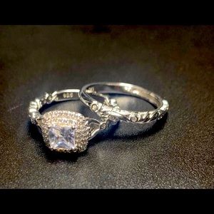 sterling Clear CZ Vintage Engagement Ring Set